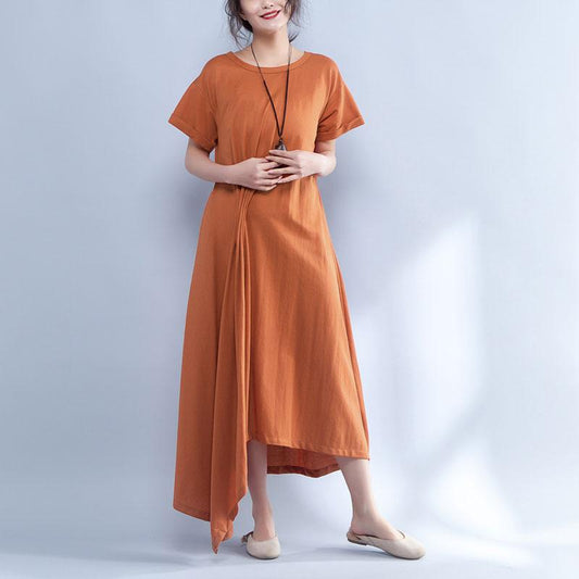 Short Sleeve Round Neck Summer Irregular Orange Dress
