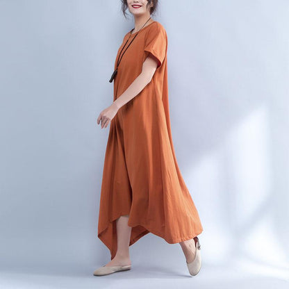 Short Sleeve Round Neck Summer Irregular Orange Dress