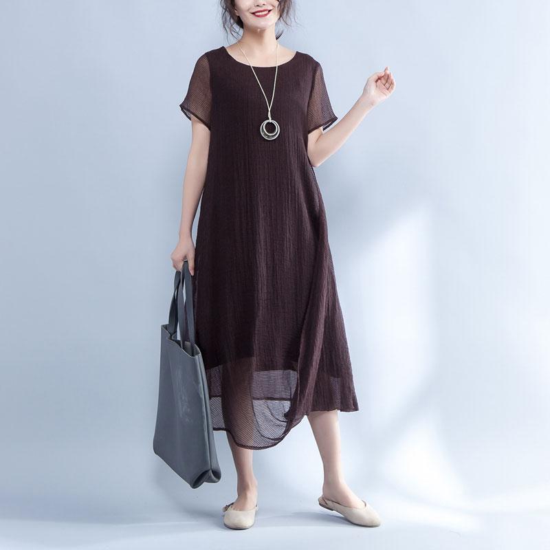 Women Summer Round Neck Short Sleeve Lining Dress