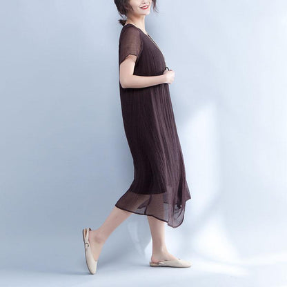 Women Summer Round Neck Short Sleeve Lining Dress