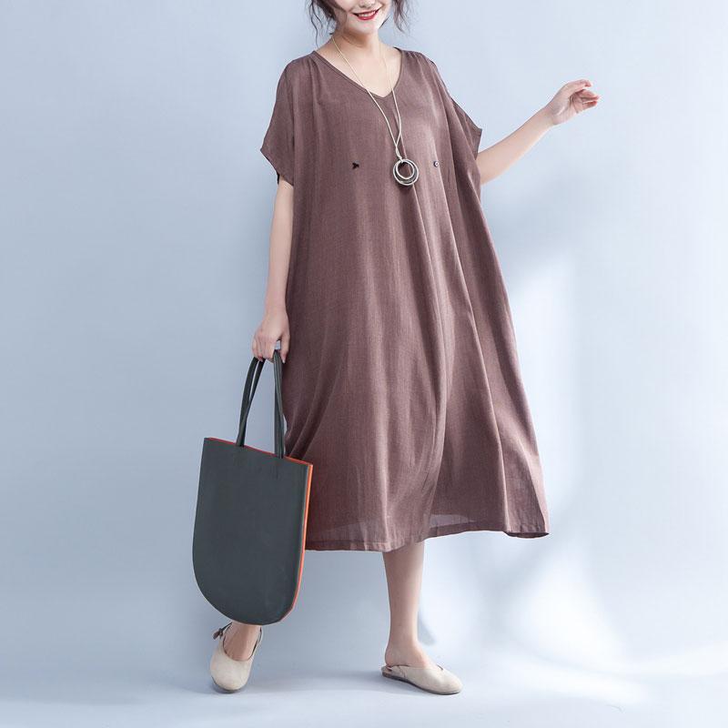 V Neck Shoulder Sleeve Summer Loose Cotton Dress