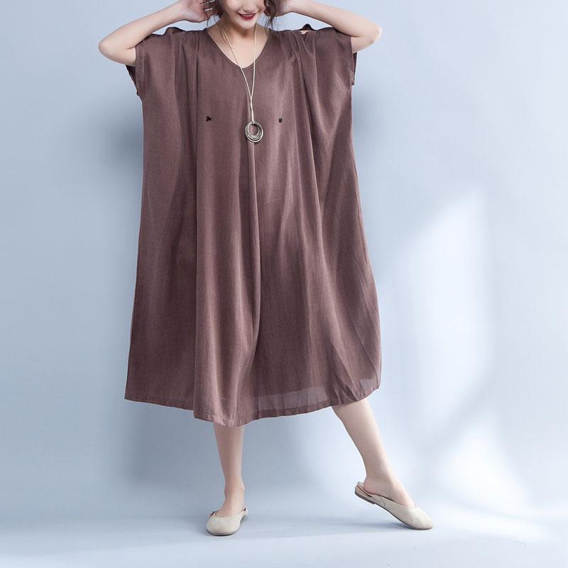 V Neck Shoulder Sleeve Summer Loose Cotton Dress