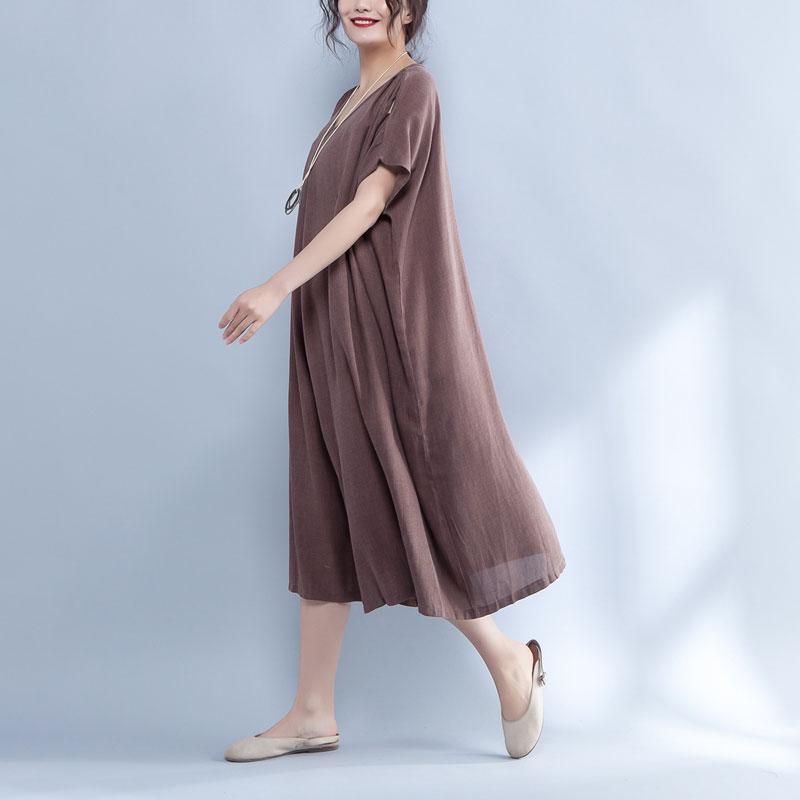 V Neck Shoulder Sleeve Summer Loose Cotton Dress