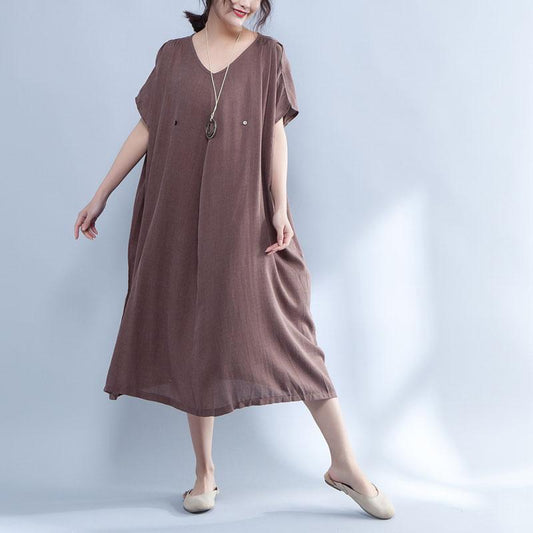 V Neck Shoulder Sleeve Summer Loose Cotton Dress
