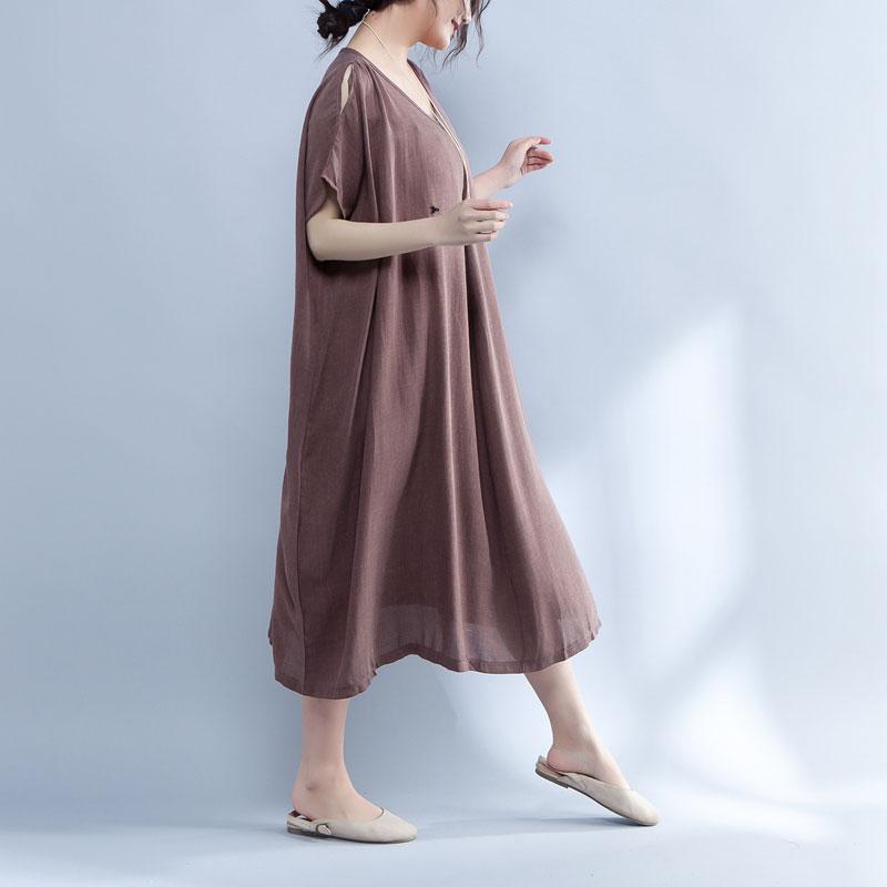 V Neck Shoulder Sleeve Summer Loose Cotton Dress