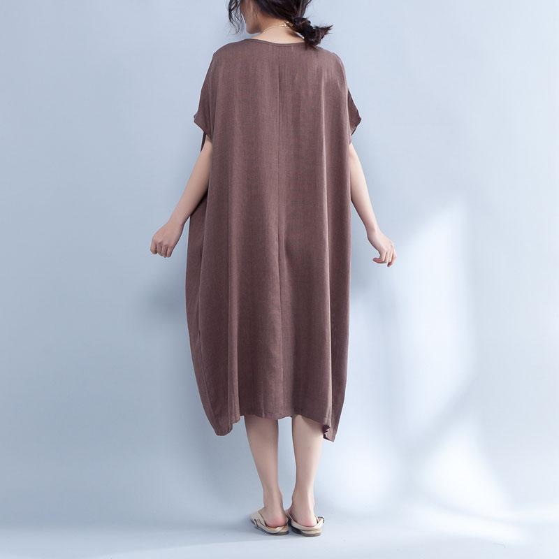 V Neck Shoulder Sleeve Summer Loose Cotton Dress
