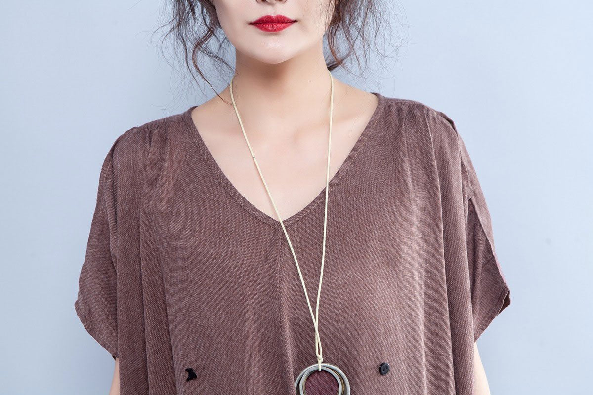 V Neck Shoulder Sleeve Summer Loose Cotton Dress