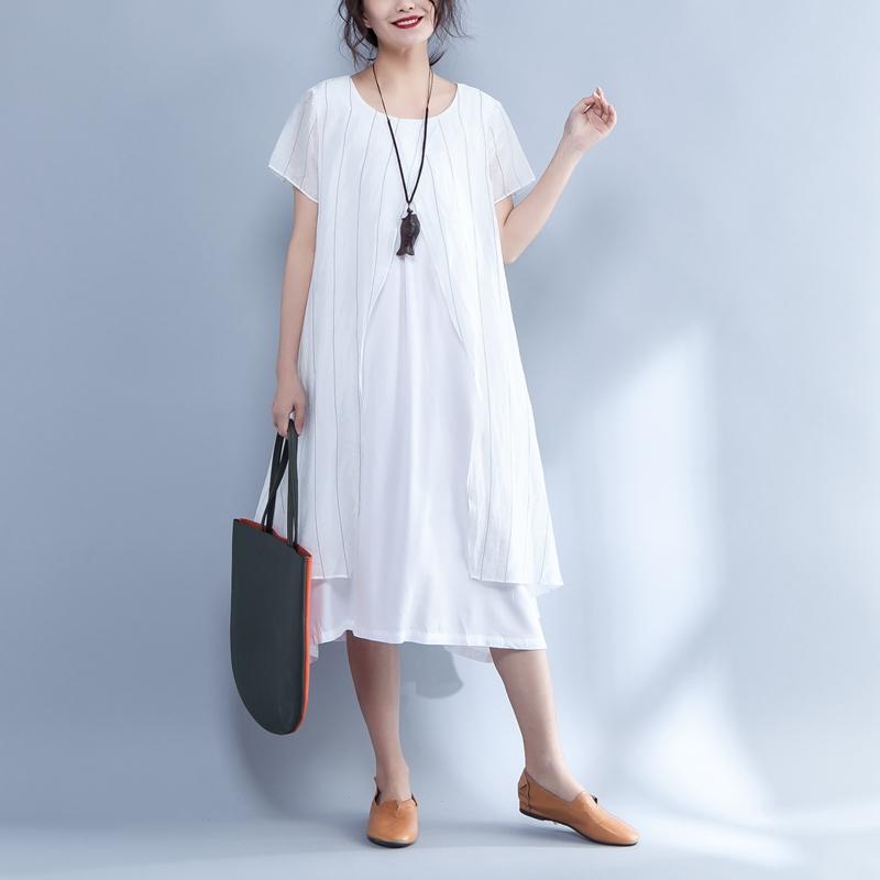 Stripe False Two Piece Round Neck Short Sleeve Dress