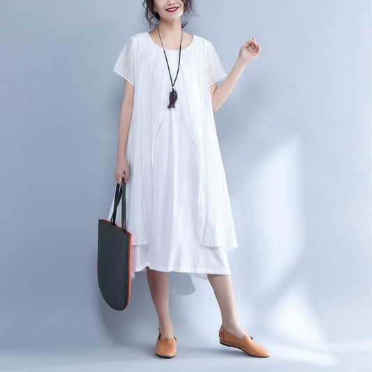 Stripe False Two Piece Round Neck Short Sleeve Dress