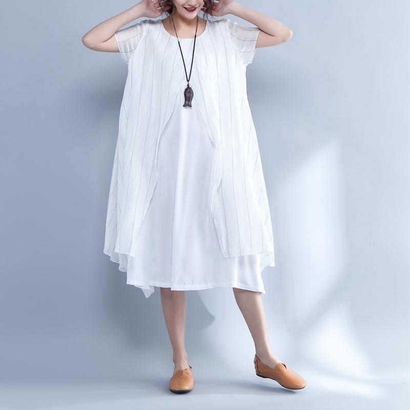 Stripe False Two Piece Round Neck Short Sleeve Dress