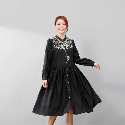 Graceful Women Linen Pleated Embroidered Long Sleeves Black Dress