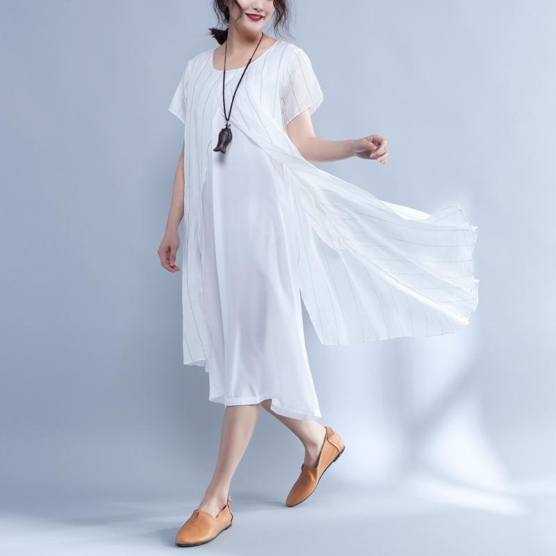 Stripe False Two Piece Round Neck Short Sleeve Dress