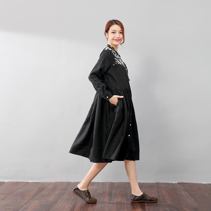 Graceful Women Linen Pleated Embroidered Long Sleeves Black Dress