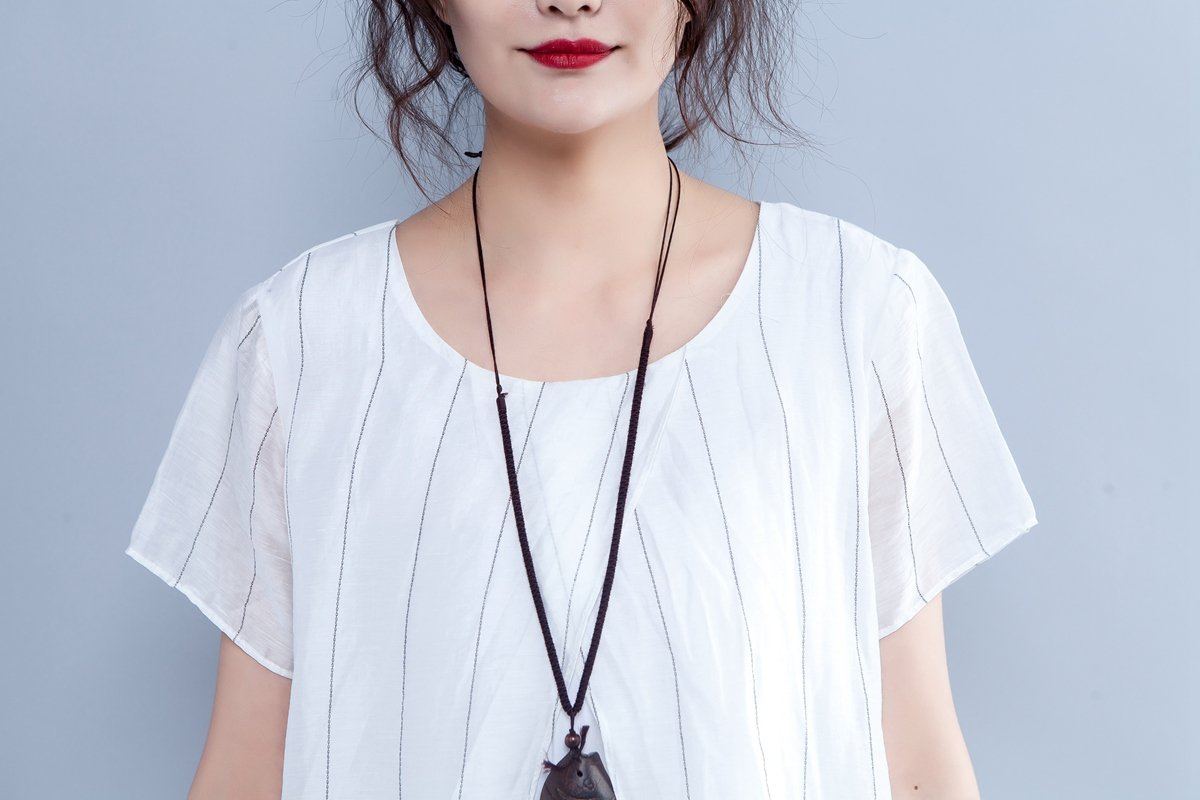 Stripe False Two Piece Round Neck Short Sleeve Dress