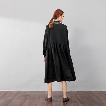Graceful Women Linen Pleated Embroidered Long Sleeves Black Dress