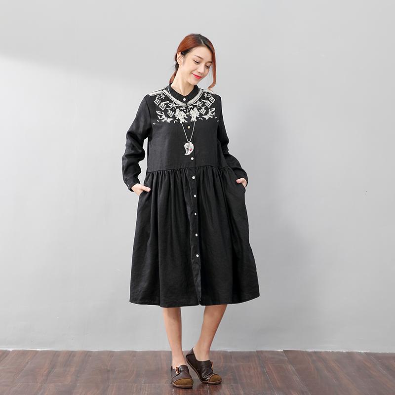 Graceful Women Linen Pleated Embroidered Long Sleeves Black Dress