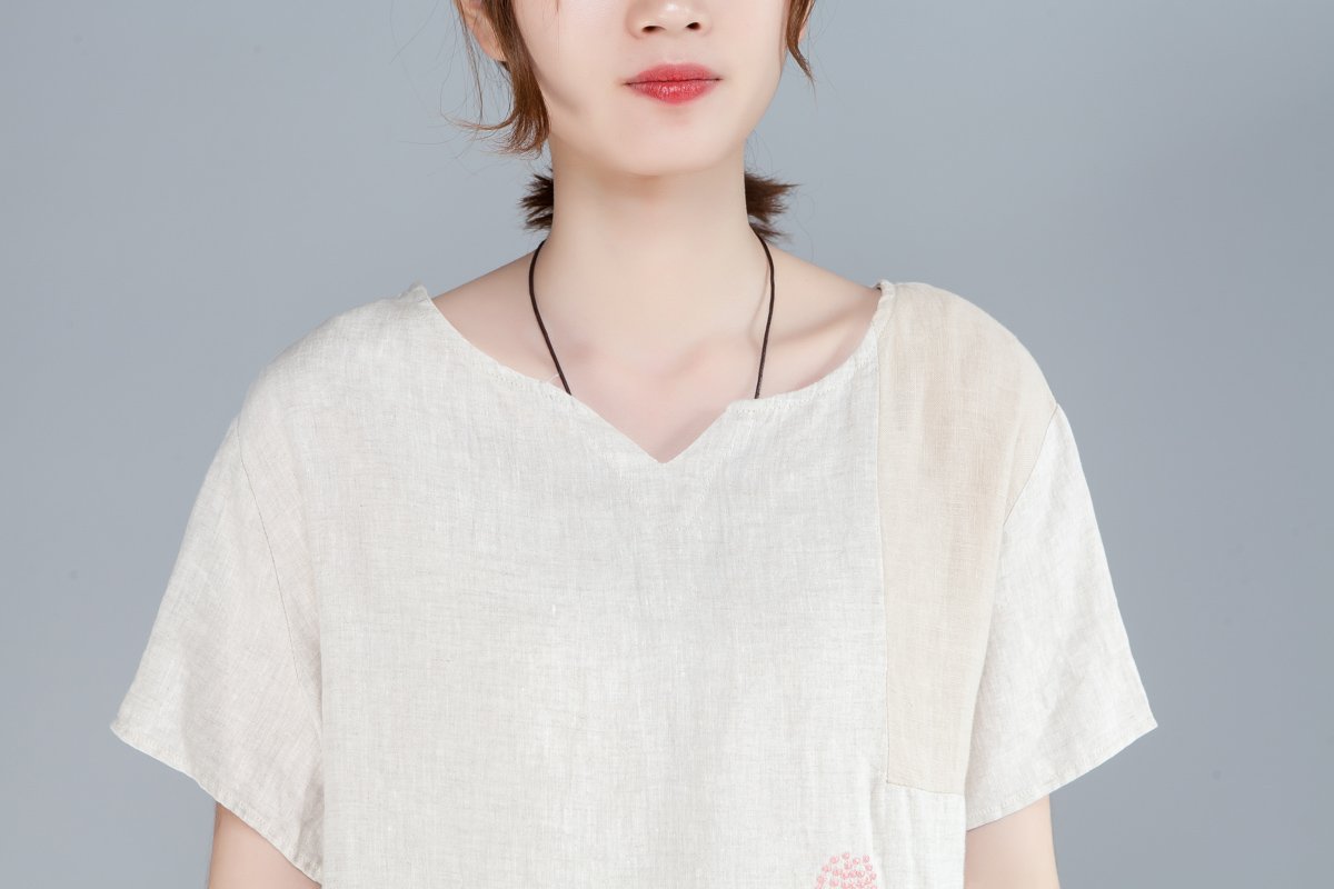 Women Cotton Linen Short Sleeve Embroidery White Tops