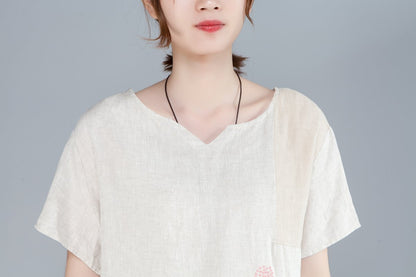 Women Cotton Linen Short Sleeve Embroidery White Tops