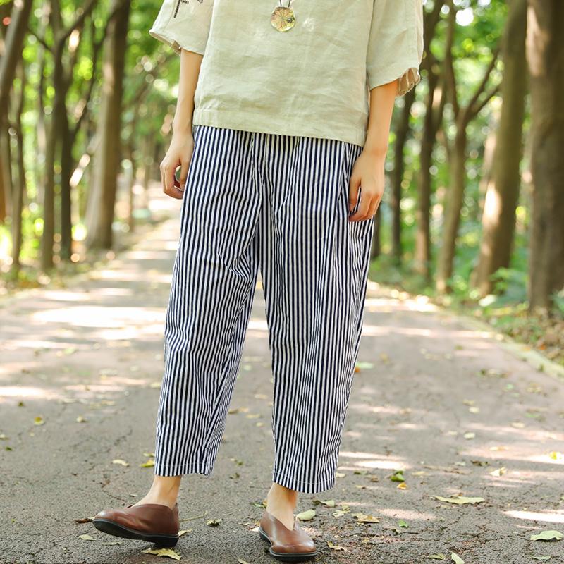 Women Pockets Blue And White Stripe Casual Loose Pants