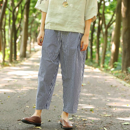 Women Pockets Blue And White Stripe Casual Loose Pants