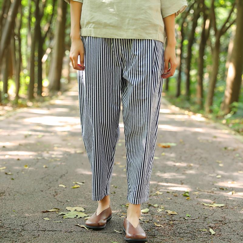 Women Pockets Blue And White Stripe Casual Loose Pants