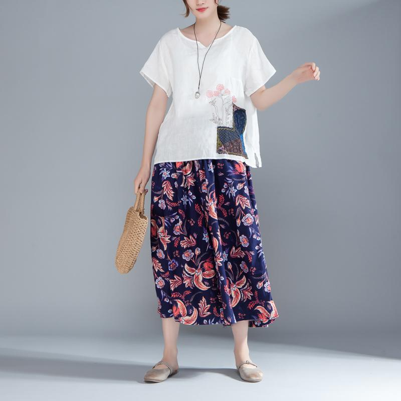 Women Cotton Linen Short Sleeve Embroidery White Tops