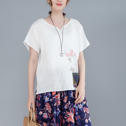 Women Cotton Linen Short Sleeve Embroidery White Tops