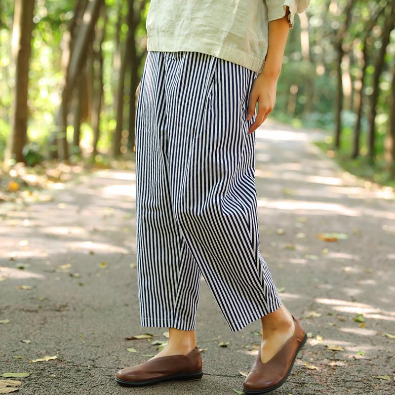 Women Pockets Blue And White Stripe Casual Loose Pants