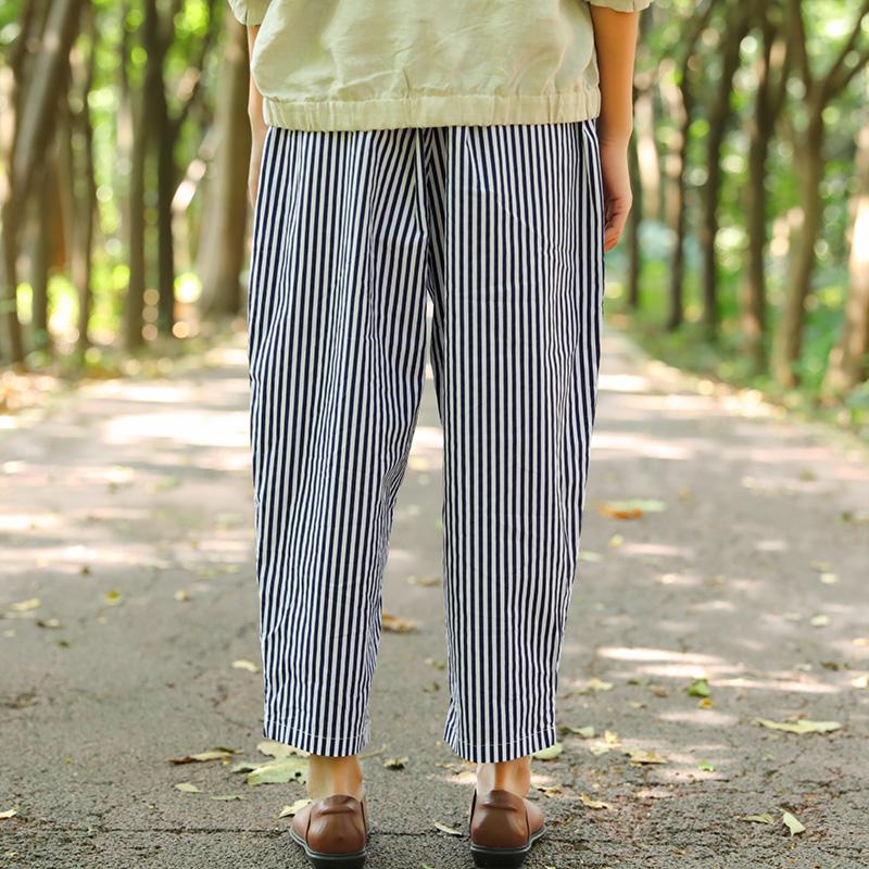 Women Pockets Blue And White Stripe Casual Loose Pants