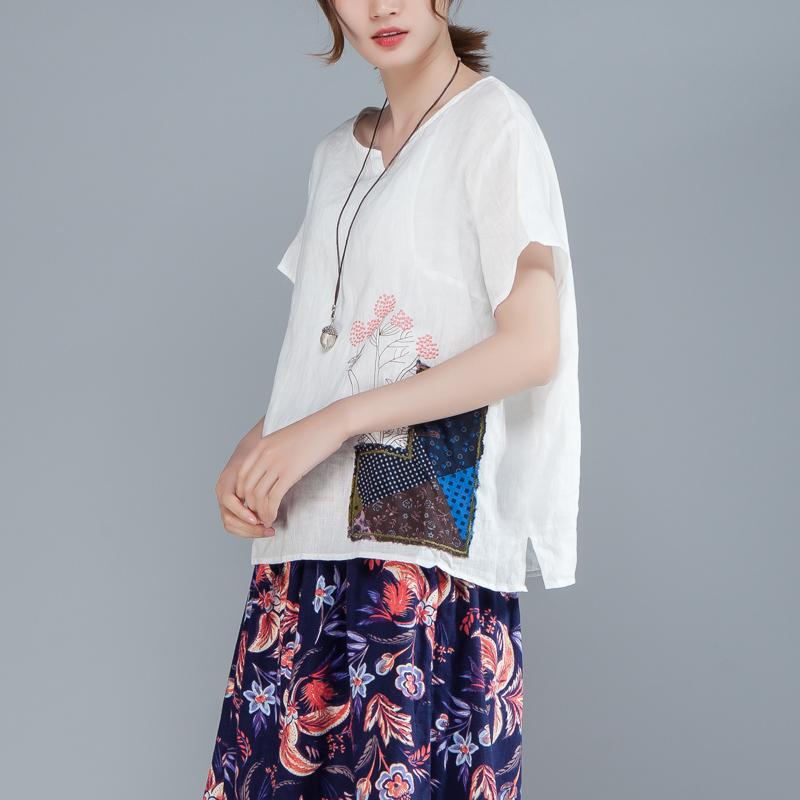 Women Cotton Linen Short Sleeve Embroidery White Tops