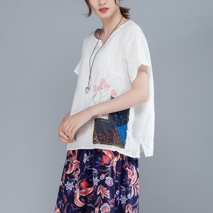 Women Cotton Linen Short Sleeve Embroidery White Tops
