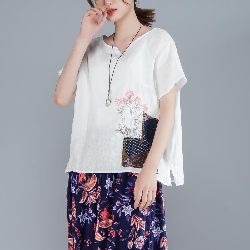 Women Cotton Linen Short Sleeve Embroidery White Tops