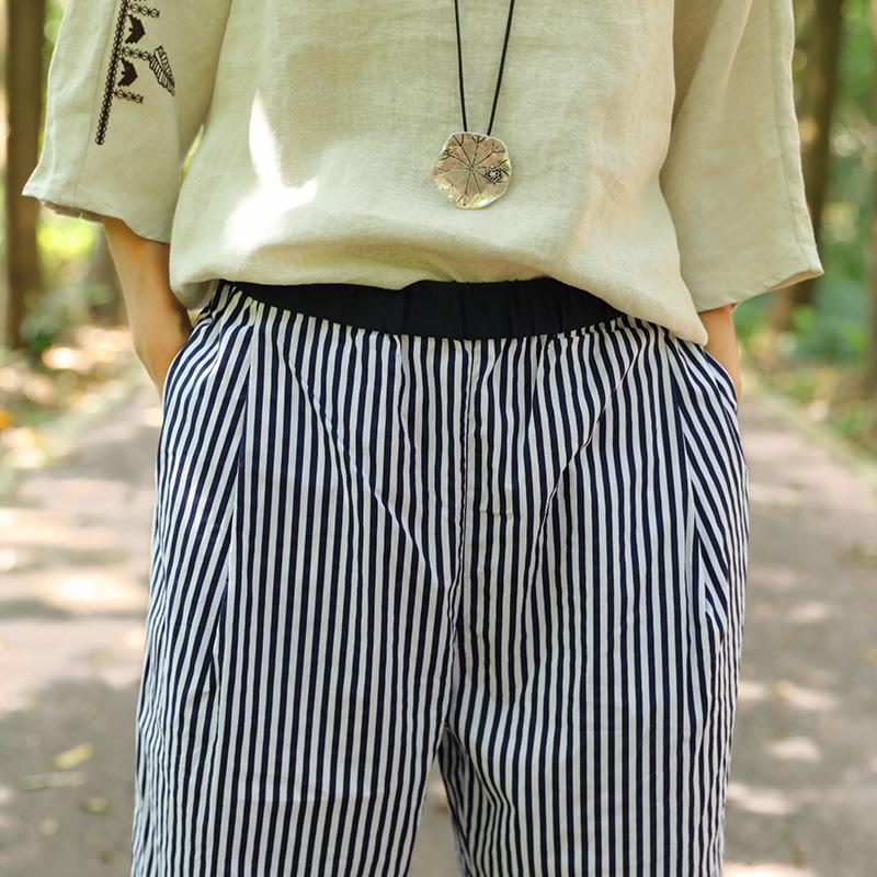 Women Pockets Blue And White Stripe Casual Loose Pants