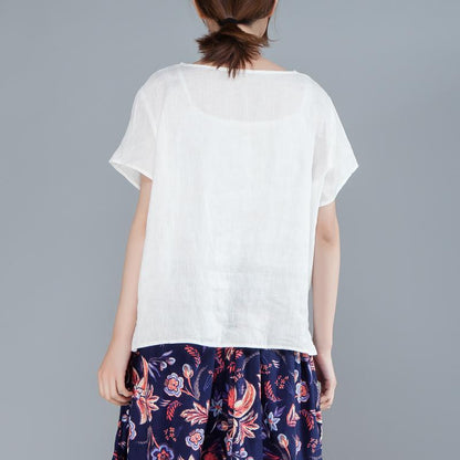 Women Cotton Linen Short Sleeve Embroidery White Tops