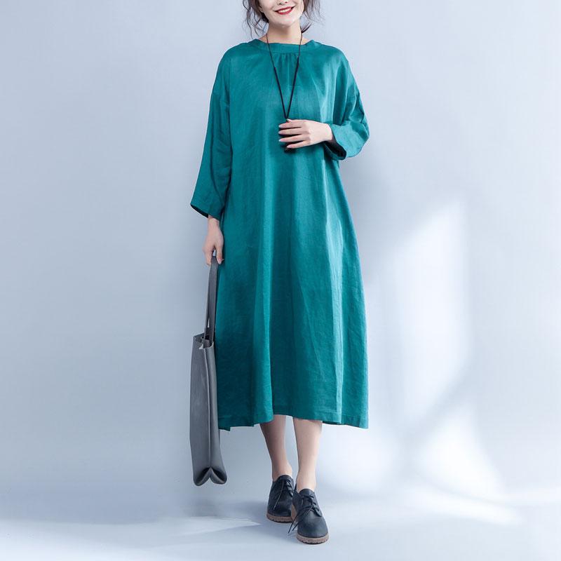 Loose Long Sleeve Round Neck Linen Cotton Green Dress