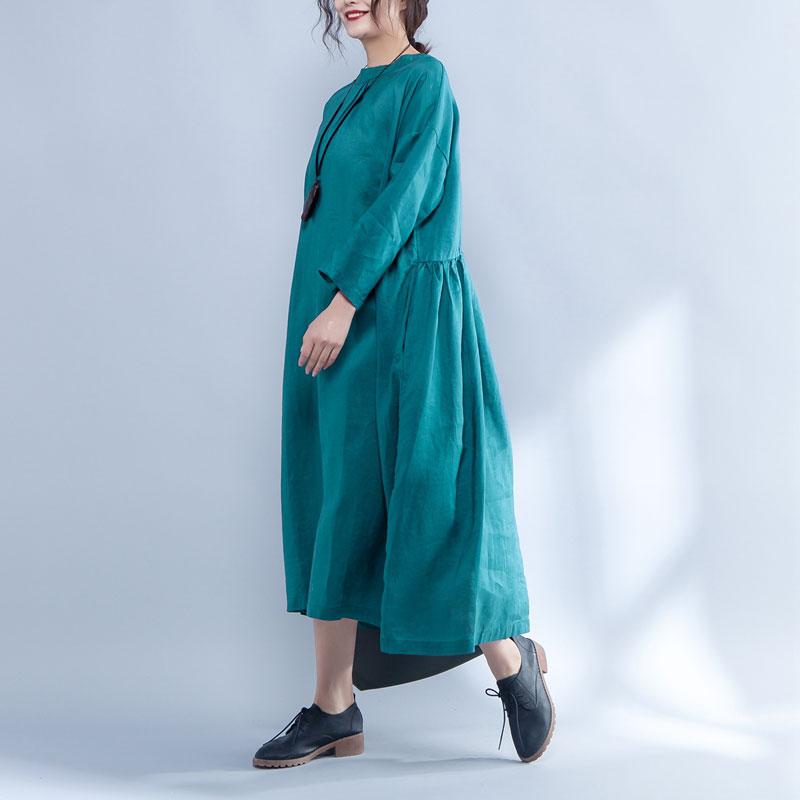 Loose Long Sleeve Round Neck Linen Cotton Green Dress