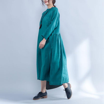 Loose Long Sleeve Round Neck Linen Cotton Green Dress