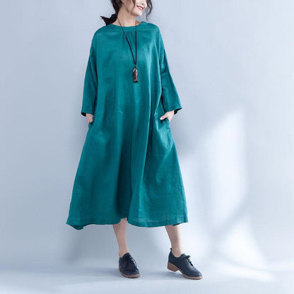 Loose Long Sleeve Round Neck Linen Cotton Green Dress