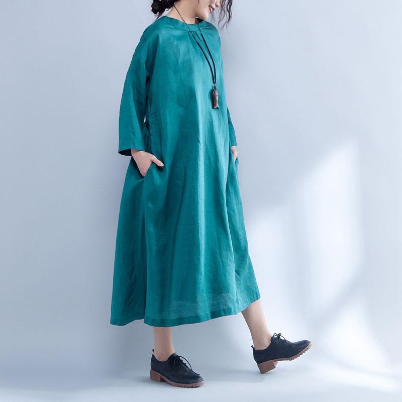 Loose Long Sleeve Round Neck Linen Cotton Green Dress