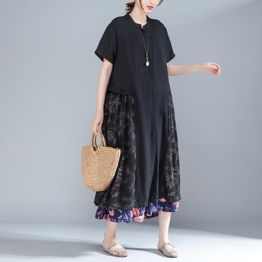 Women Stand Collar Single Breasted Short Sleeve Black Dress