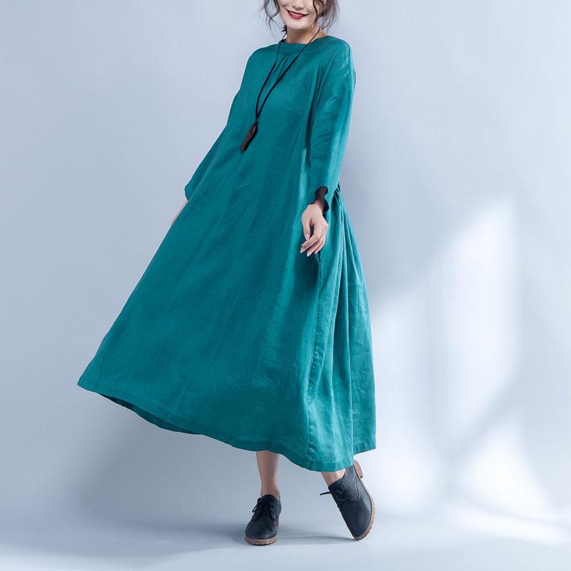 Loose Long Sleeve Round Neck Linen Cotton Green Dress