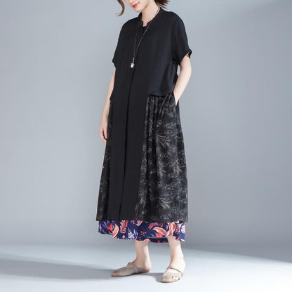 Women Stand Collar Single Breasted Short Sleeve Black Dress