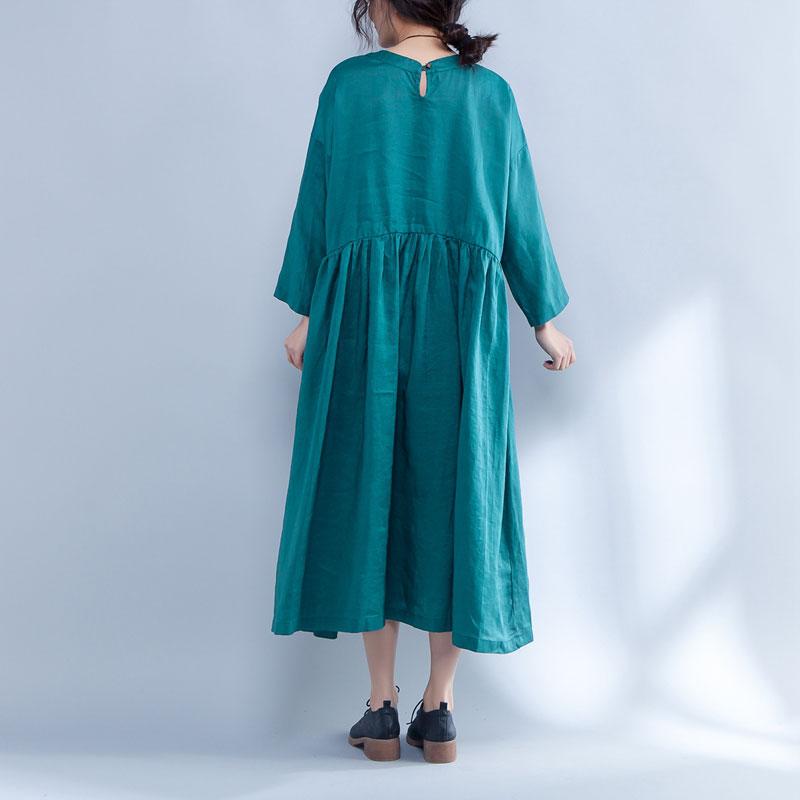 Loose Long Sleeve Round Neck Linen Cotton Green Dress