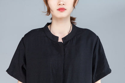 Women Stand Collar Single Breasted Short Sleeve Black Dress