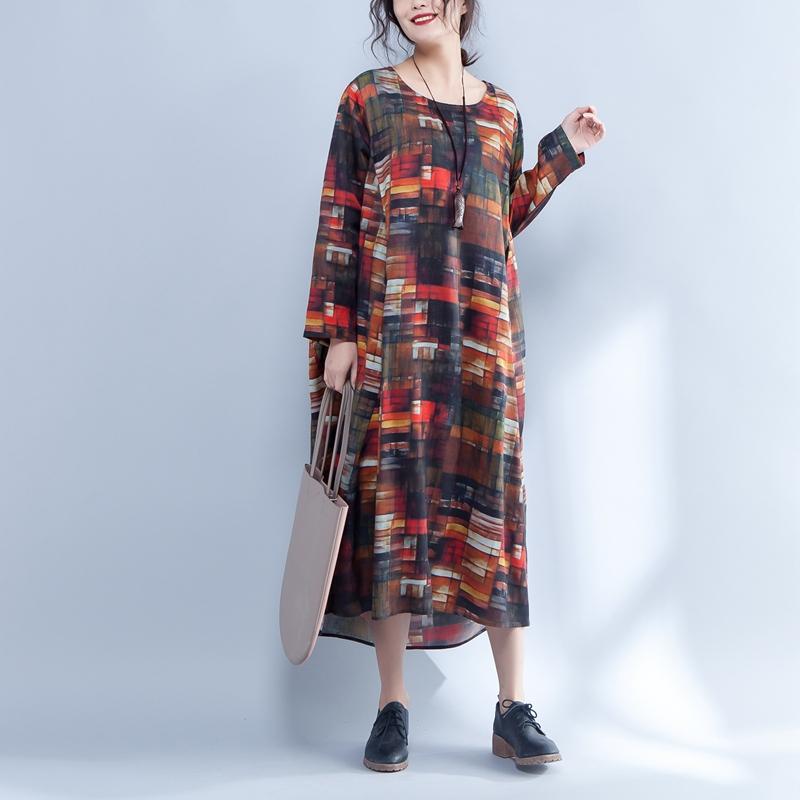 Irregular Round Neck Long Sleeve Printed Loose Dress