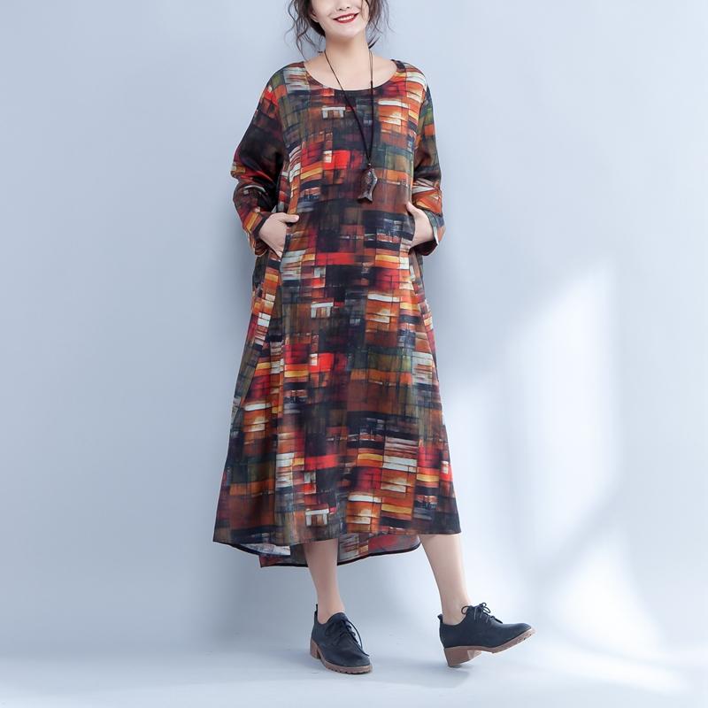 Irregular Round Neck Long Sleeve Printed Loose Dress