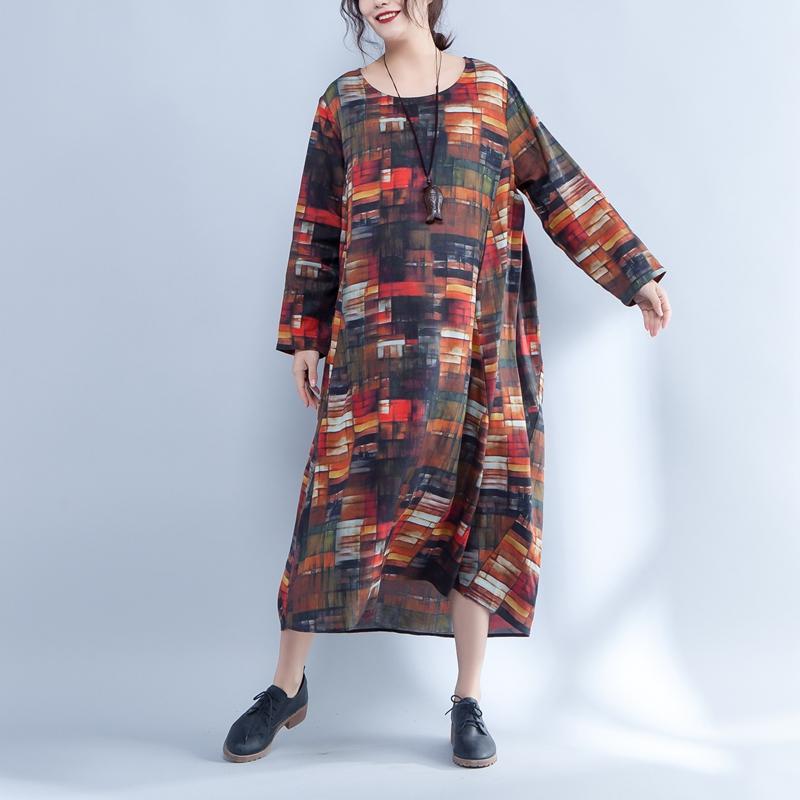 Irregular Round Neck Long Sleeve Printed Loose Dress