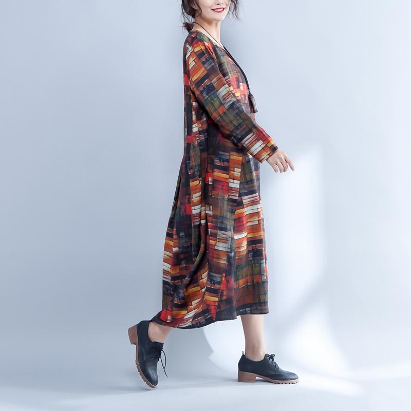 Irregular Round Neck Long Sleeve Printed Loose Dress