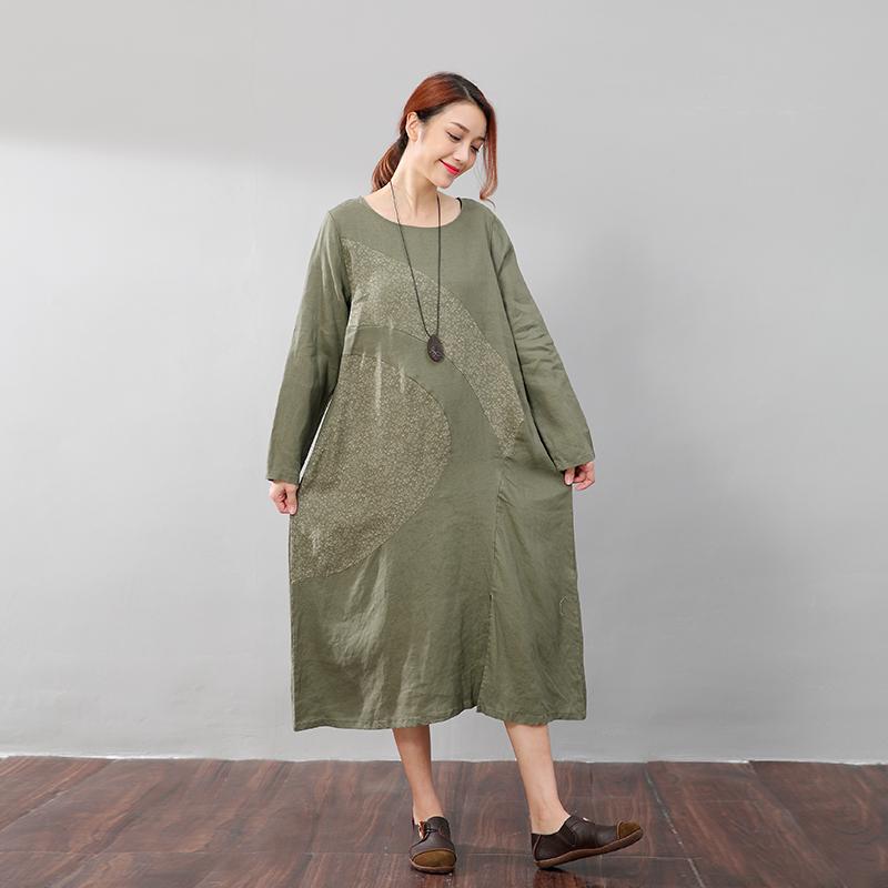Elegant Women Linen Cotton Casual Printing Long Sleeves Green Dress