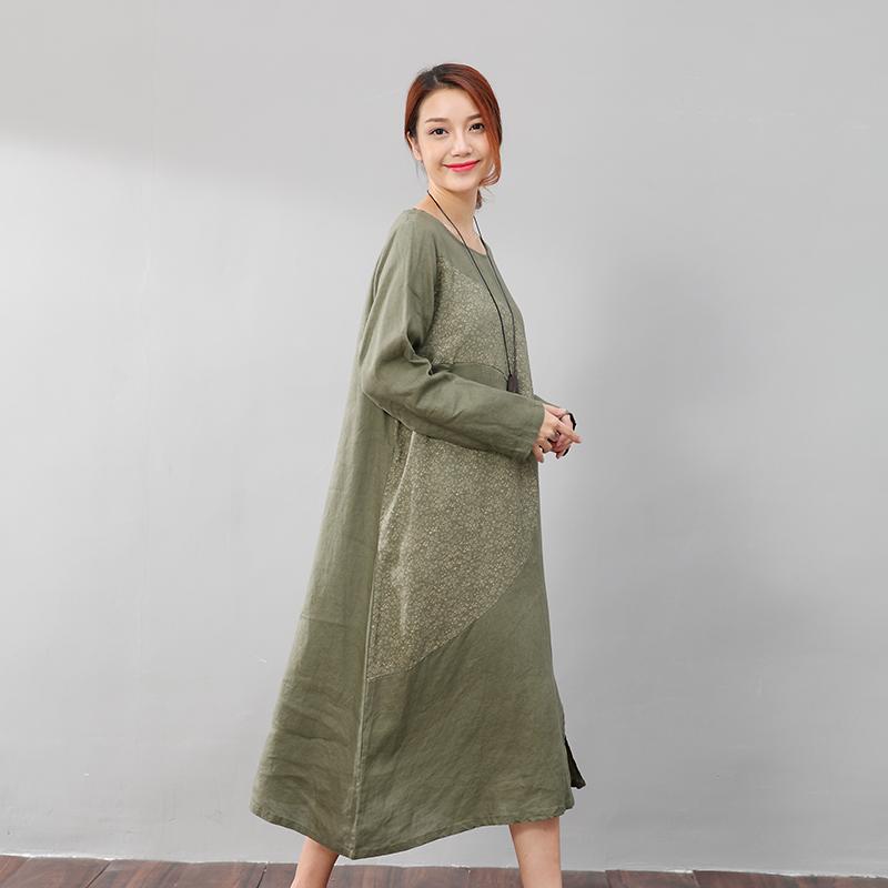 Elegant Women Linen Cotton Casual Printing Long Sleeves Green Dress